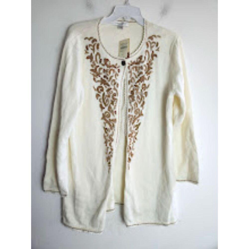 Coldwater Creek Cream Open-Front Cardigan with Brown Embroidery